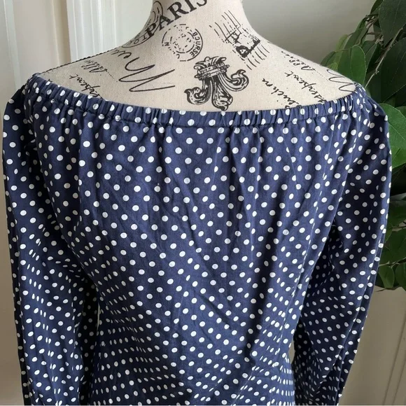 Lauren Ralph Lauren Off Shoulder Polka Dot Button Down Top Blue Sz M - Picture 12 of 15